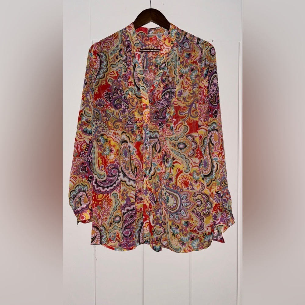 Susan Graver Paisley Sheer Chiffon Blouse Kaleidoscope Ethereal Women M‎ Boho